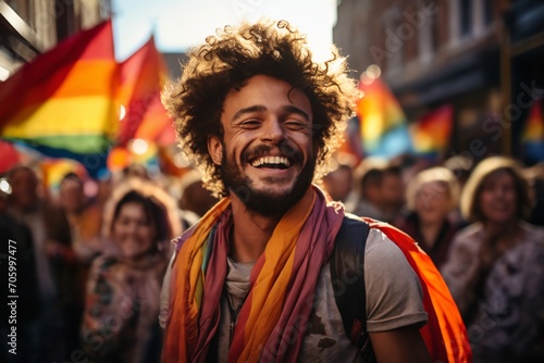 portrait of a man at a gay pride parade, happy and joyful emotions with friends, LGBT concept © soleg