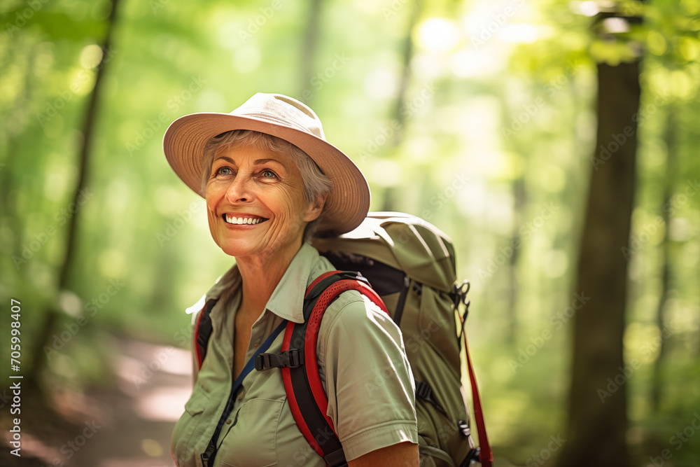 caucasian senior citizen woman wearing hat and backpack hiking in the woods selective focus bright sun caucasian senior citizen woman wearing hat and backpack hiking in the woods selective focus bright sun