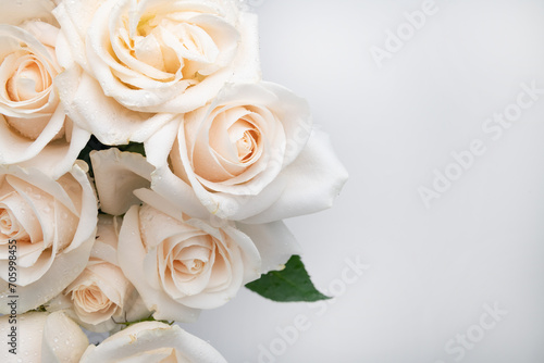 bouquet of fresh white roses with dew drops, space for text.