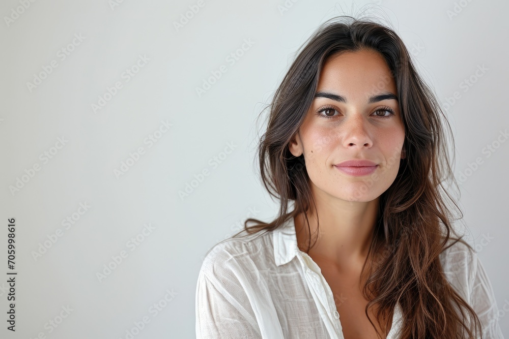 Casual chic portrait of a Latino woman, relaxed fashion, white background Casual chic portrait of a Latino woman, relaxed fashion, white background