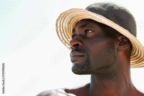 Casual beach portrait of an African man, relaxed and sun-kissed, white background