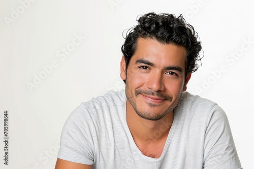Casual portrait of a Latino man, relaxed and approachable, white background © furyon