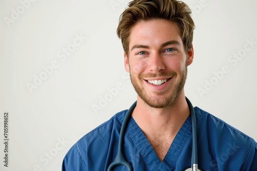 Casual portrait of a male nurse off-duty, relaxed and approachable, white background photo