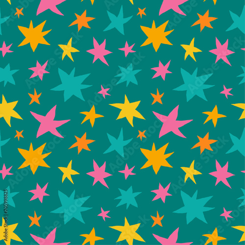 Hand-drawn neon pink, yellow, orange and teal stars on dark turquoise background seamless vector pattern. Creative colorful texture for printing on fabric, wrapping, textile, wallpaper, apparel etc...