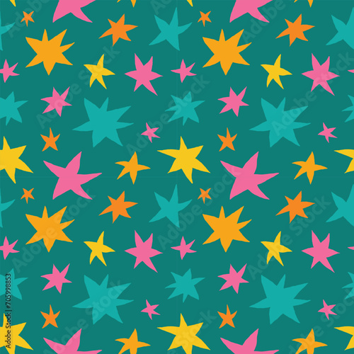Hand-drawn neon pink, yellow, orange and teal stars on dark turquoise background seamless vector pattern. Creative colorful texture for printing on fabric, wrapping, textile, wallpaper, apparel etc...