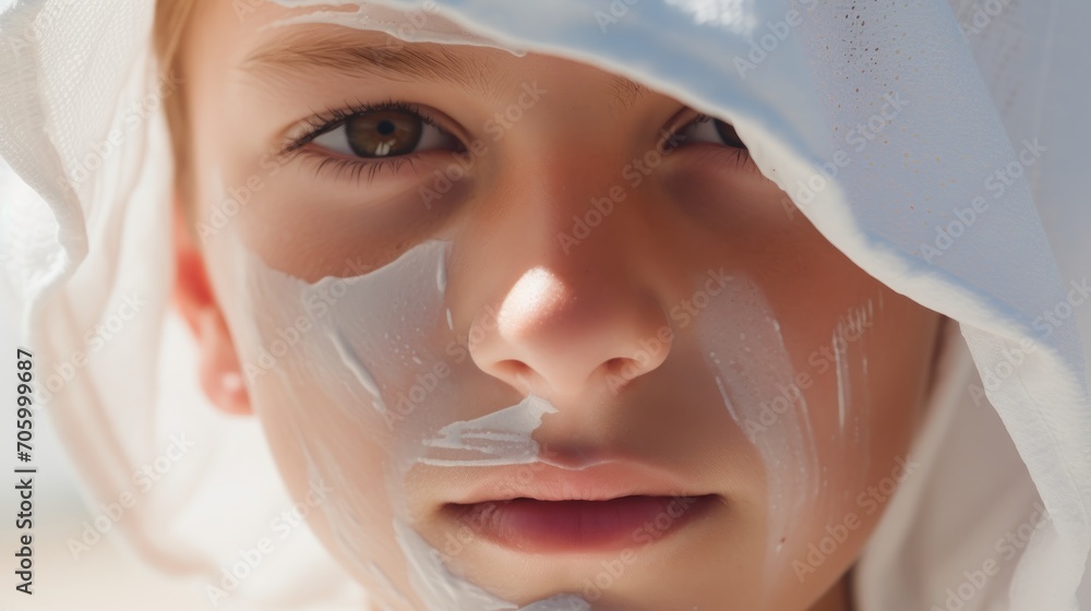 Close-up of a child's face covered in sunscreen, ready for a day in the sun