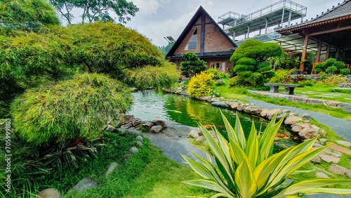 Beautiful koi pond in the garden with a beautiful flower garden in front of the house. Sigandul view of Temanggung Indonesia.  photo