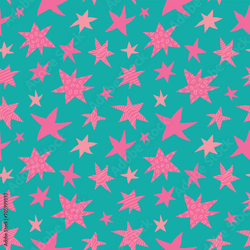  Freehand drawn ornamented pink stars on teal background seamless vector pattern. Simple attractive duochrome ornament with stars for printing on different surfaces. 