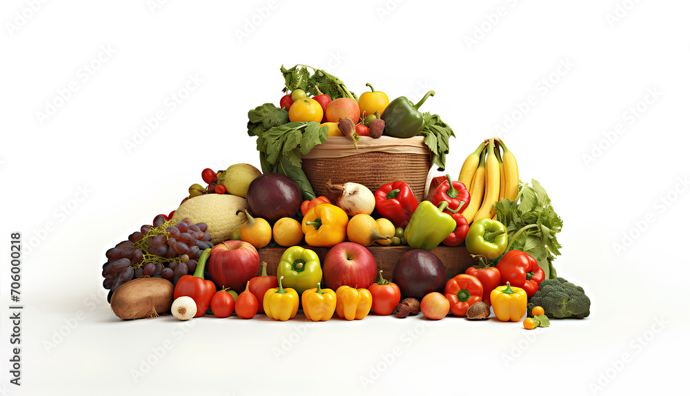 Basket with assortment of fresh organic fruits and vegetables on white background. Basket with assortment of fresh organic fruits and vegetables on white background.