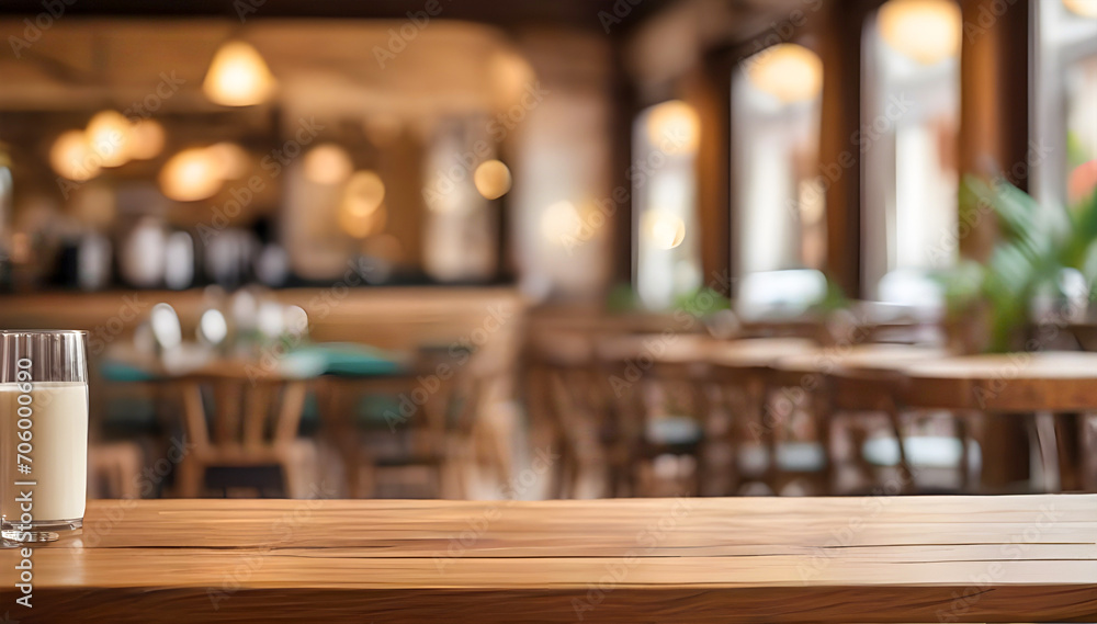 Blurred coffee shop and café restaurant interior background with empty wooden table. Use for products display or montage Blurred coffee shop and café restaurant interior background with empty wooden table. Use for products display or montage