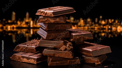 A stack of brown chocolate bars in a bustling cityscape at night -Generative Ai 