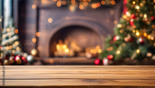 Rustic empty wooden table with blurry Christmas tree and fireplace Christmas background with copy space