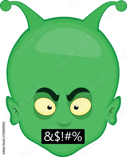 vector illustration face alien, extraterrestrial or martian character cartoon, angry expression and with a censored insult in his mouth