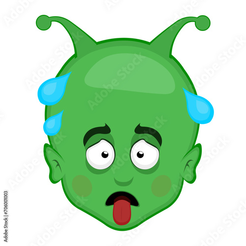 vector illustration face alien, extraterrestrial or martian character cartoon, exhausted with his tongue out and drops of sweat on his head