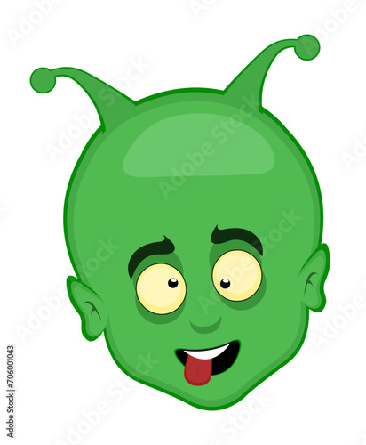 vector illustration alien or extraterrestrial face cartoon, a crazy expression, with squinty eyes and tongue sticking out