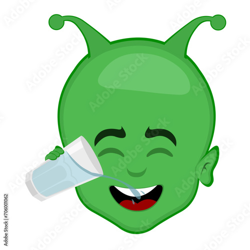 vector illustration face alien or extraterrestrial cartoon drinking a glass of water