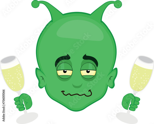 vector illustration face alien, extraterrestrial or martian character cartoon, drunk with glasses of chamapaña or cider in his hands