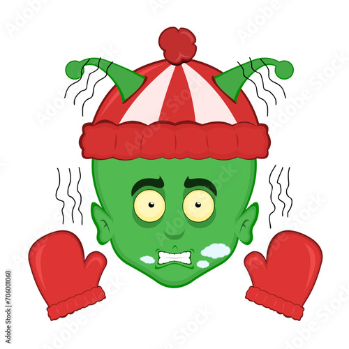 vector illustration face alien or extraterrestrial cartoon, shivering in the cold, wearing gloves and a winter hat, with breath vapor in his mouth