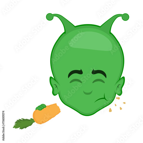 vector illustration face alien, extraterrestrial or martian character cartoon, eating carrot