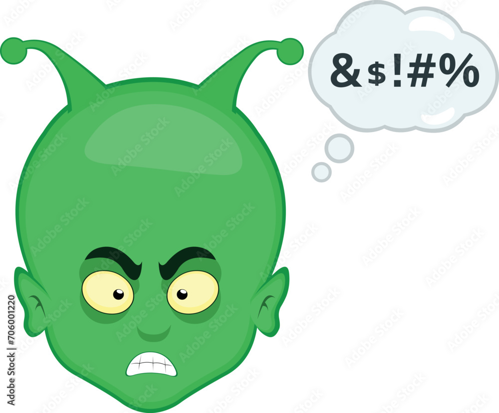 Fototapeta premium vector illustration face alien, extraterrestrial or martian character cartoon angry with a cloud of thought and an insult text