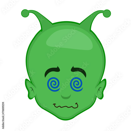 vector illustration face alien, extraterrestrial or martian character cartoon with spiral shaped hypnotized eyes