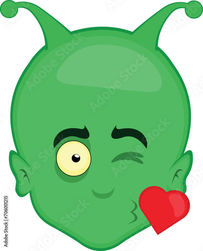 vector illustration face alien, extraterrestrial or martian character cartoon, giving a heart shape kiss