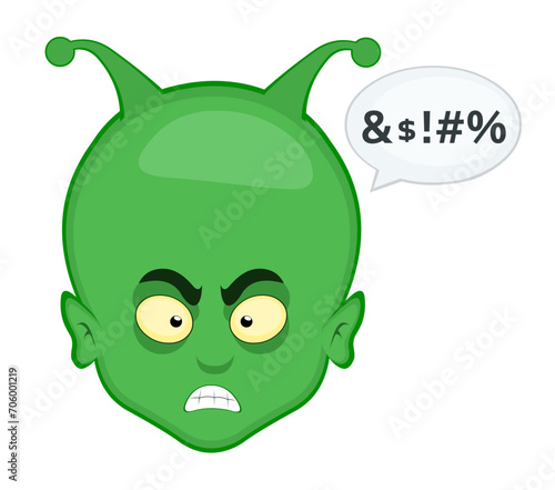 vector illustration face alien, extraterrestrial or martian character cartoon angry expression and a speech bubble with an insult text