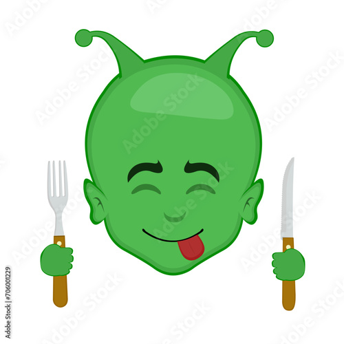 vector illustration face alien, extraterrestrial or martian character cartoon,  an expression of yummy how delicious with a knife and fork in his hands