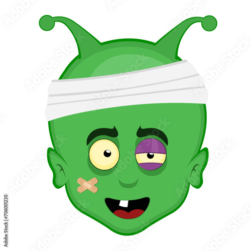 vector illustration face alien, extraterrestrial or martian character cartoon injured with bandages on his head, a black eye, a single tooth
