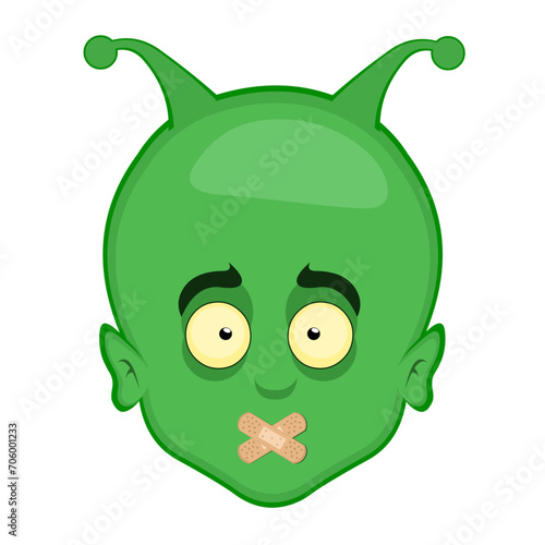 vector illustration face alien, extraterrestrial or martian character cartoon adhesive bands in the mouth
