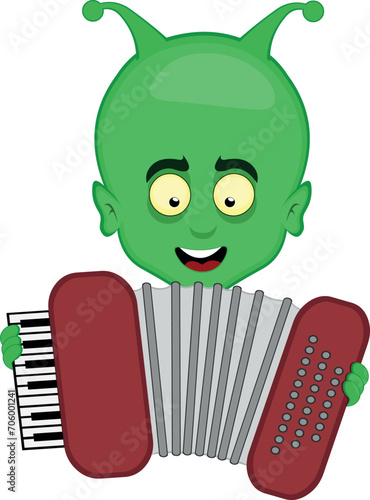 vector illustration face alien, extraterrestrial or martian character cartoon playing musical instrument accordion