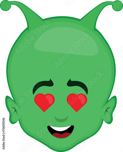 vector illustration face alien, extraterrestrial or martian character cartoon In love with eyes shaped like hearts