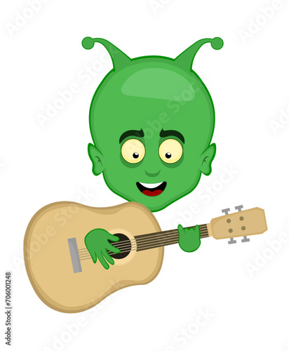 vector illustration face alien, extraterrestrial or martian character cartoon playing a guitar