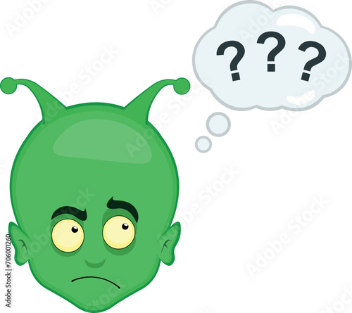 vector illustration face alien, extraterrestrial or goblin cartoon, with a doubtful or thinking expression and a thought cloud with question marks