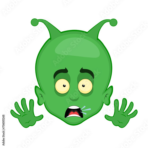 vector illustration face alien, extraterrestrial or martian character cartoon with a scared facial and hand expression