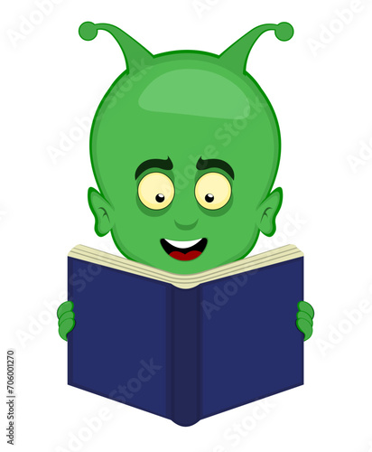vector illustration face alien, extraterrestrial or martian character cartoon reading a book