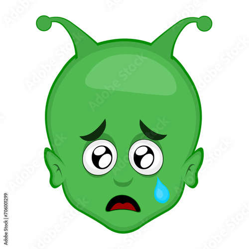 vector illustration face alien, extraterrestrial or martian character cartoon with a sad expression, watery eyes and a tear falling from one eye