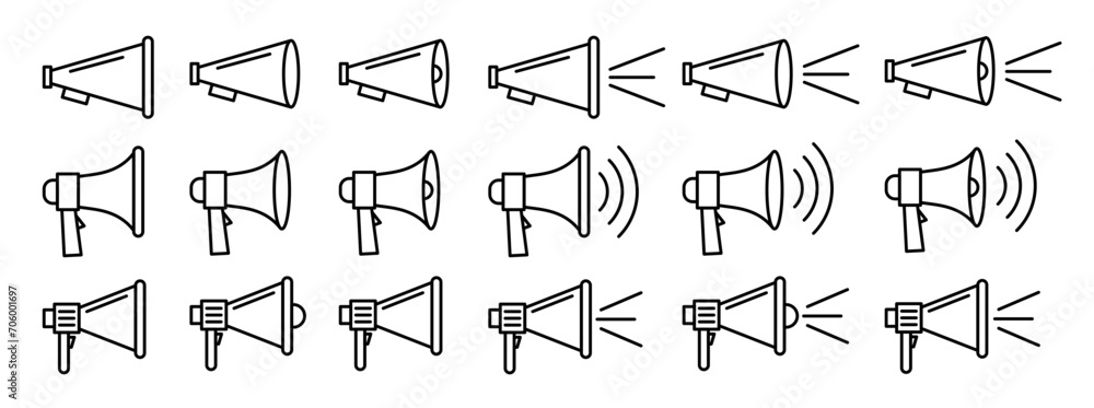 Loudspeaker vector icon set. Announce megaphone vector symbol. Bullhorn sign. Public announcement megafon symbol. - obrazy, fototapety, plakaty 