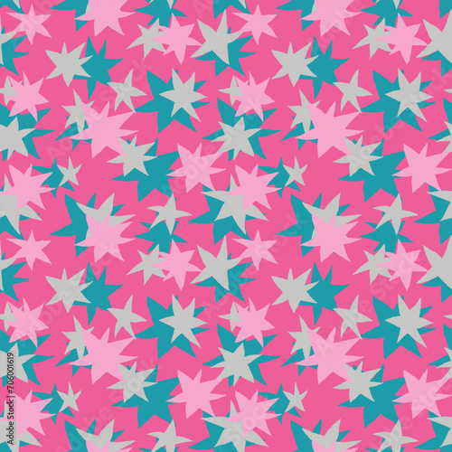 Freehand drawn teal, pink and silver stars on pink background seamless vector pattern. Creative colorful texture for printing on textile, wrapping, textile, wallpaper, apparel etc.