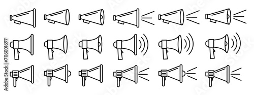 Loudspeaker vector icon set. Announce megaphone vector symbol. Bullhorn sign. Public announcement megafon symbol.