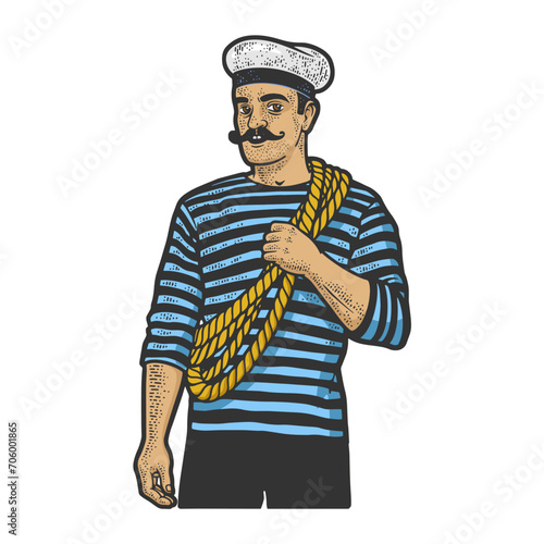 sailor man sketch hand drawn color engraving vector illustration. T-shirt apparel print design. Scratch board imitation. Black and white hand drawn image.