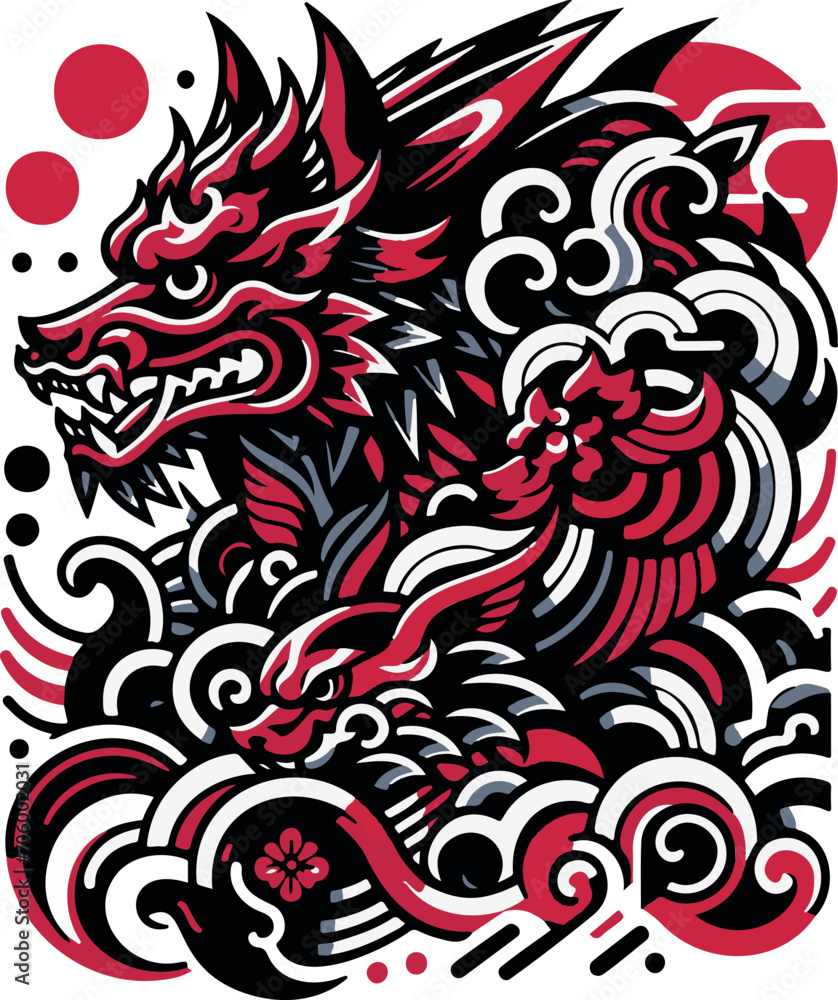 Vibrant Red and Black Japanese Dragon Tattoo Design