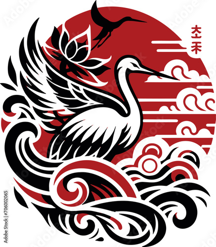 Elegant Crane and Rising Sun Japanese Tattoo Design