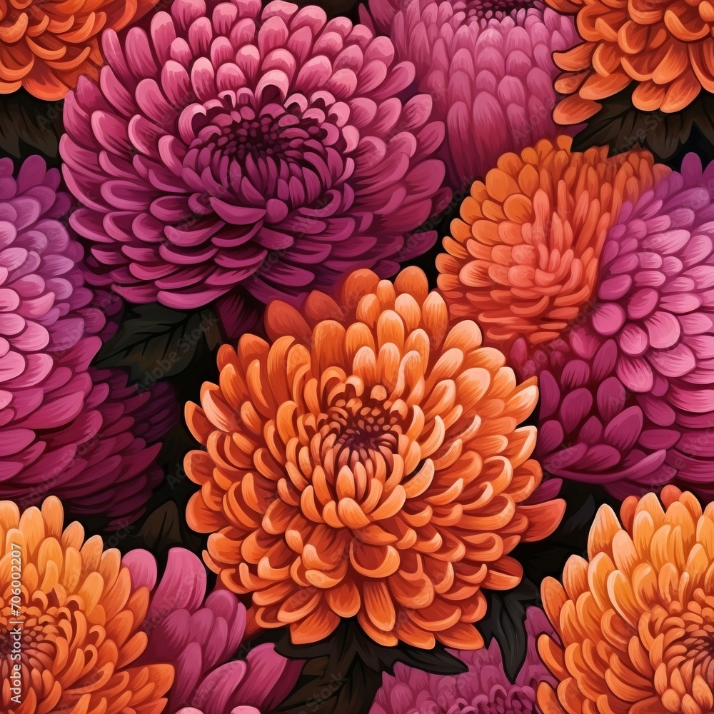 Elegant chrysanthemum flower blooms seamless pattern in top view for textile and print design