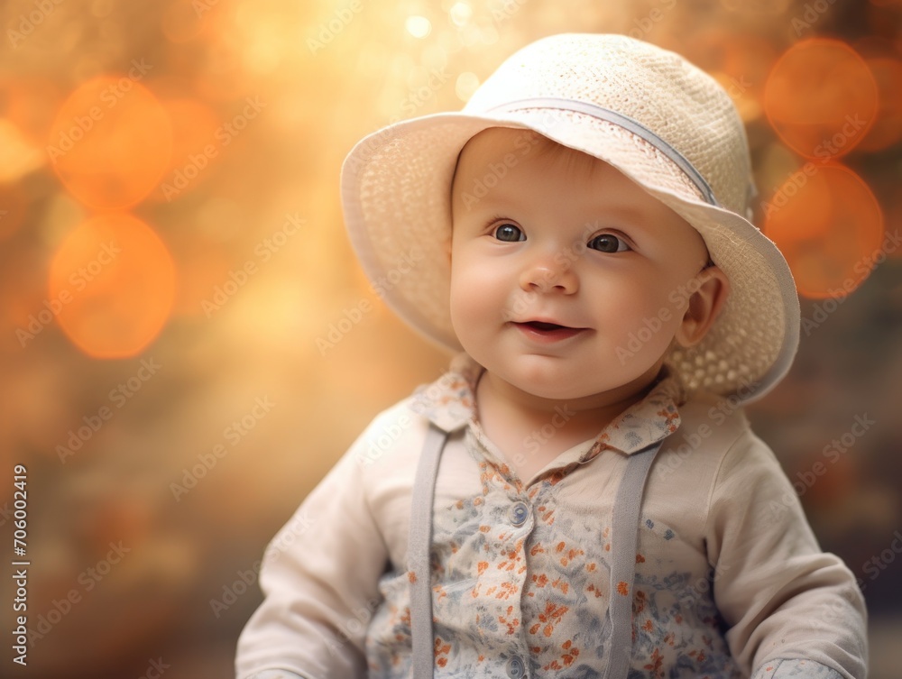 Infant in funny summer clothes and hat, with a dreamy, burred background, copy space Infant in funny summer clothes and hat, with a dreamy, burred background, copy space