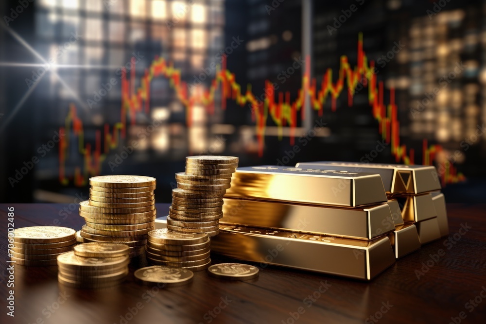 Stacked gold bars, golden coins, stock exchange ambiance, and dynamic stock charts a visual narrative of wealth, finance, and market trends Stacked gold bars, golden coins, stock exchange ambiance, and dynamic stock charts a visual narrative of wealth, finance, and market trends