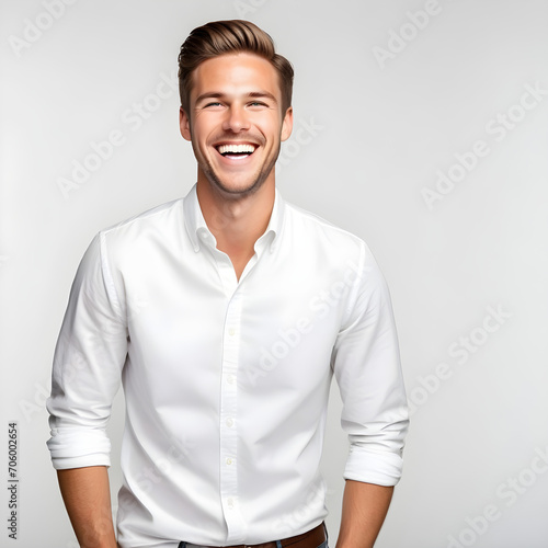 A professional portrait studio photo of a handsome young white american man model with perfect clean teeth laughing and smiling. isolated on white background. for ads and web design.