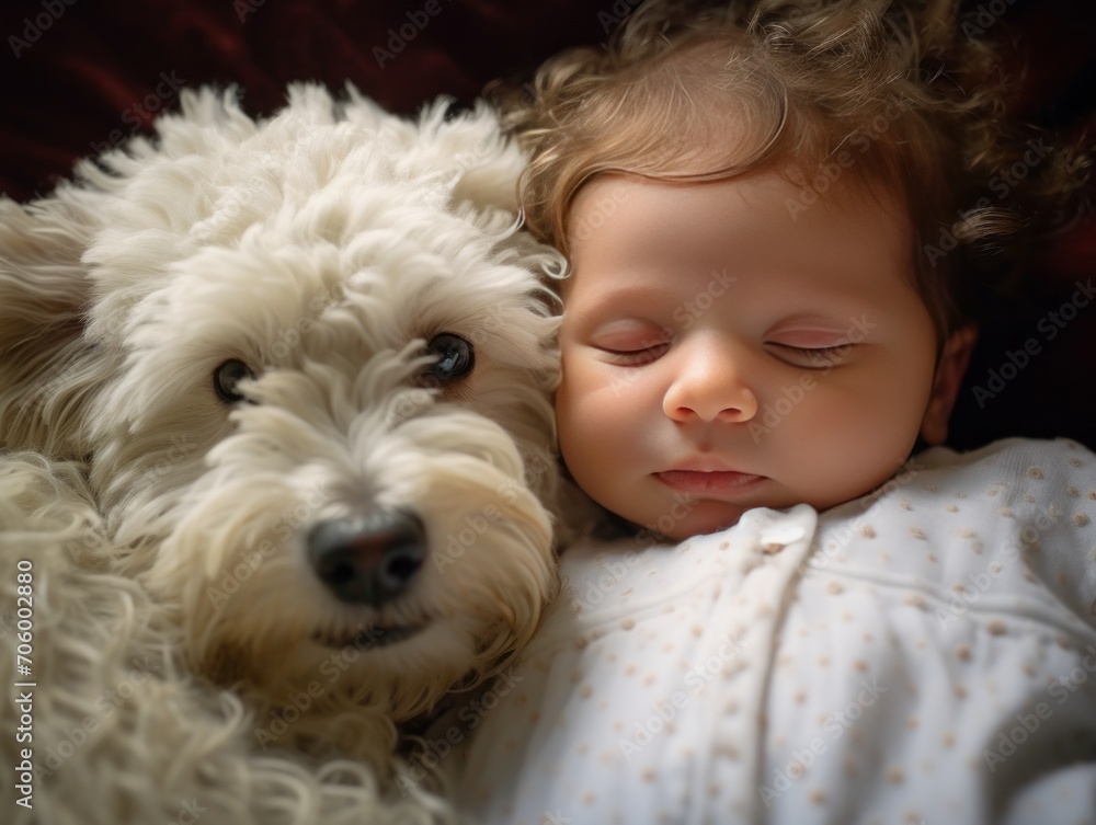 Newborn sleeping with pet dog, symbol of friendship and care Newborn sleeping with pet dog, symbol of friendship and care