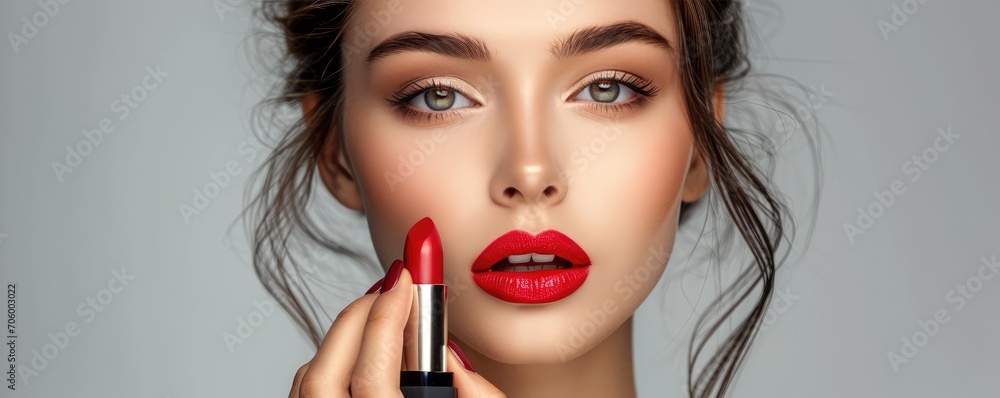 Beautiful woman applying lipstick - obrazy, fototapety, plakaty 