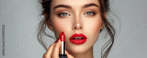 Beautiful woman applying lipstick photo